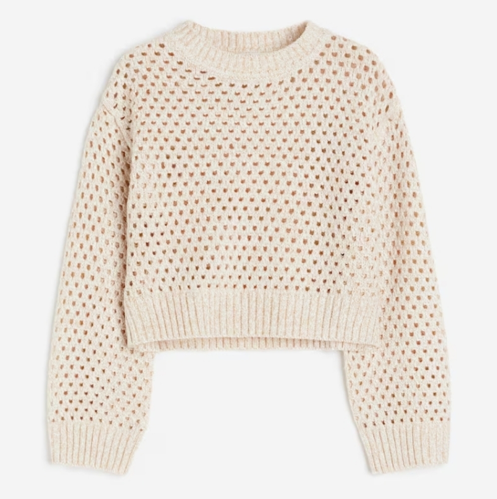 H&M Kids Crochet Knit Sweater Light Beige Preppy Soft Size CA 12-14A US 16/18